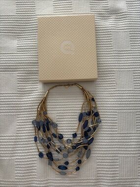 Gold tone Multi-Strand Carnival Necklace with Blue Beads. QVC. New.